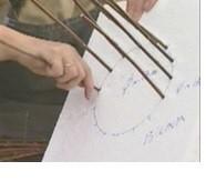 Kuvassa havainnollistetaan kuinka Styrox-levyyn kiinnitetään pajunoksia ympyrän muotoon. 